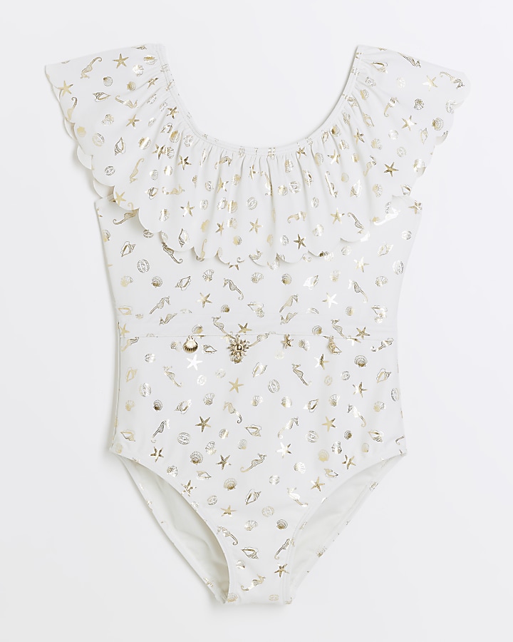 Girls cream shell frill swimsuit