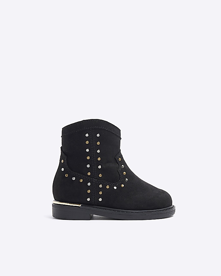 Mini girls black studded western boots