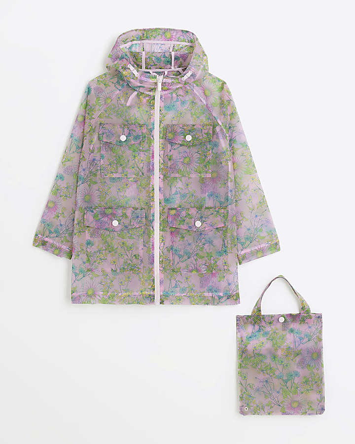 Girls pink floral rain coat and bag set