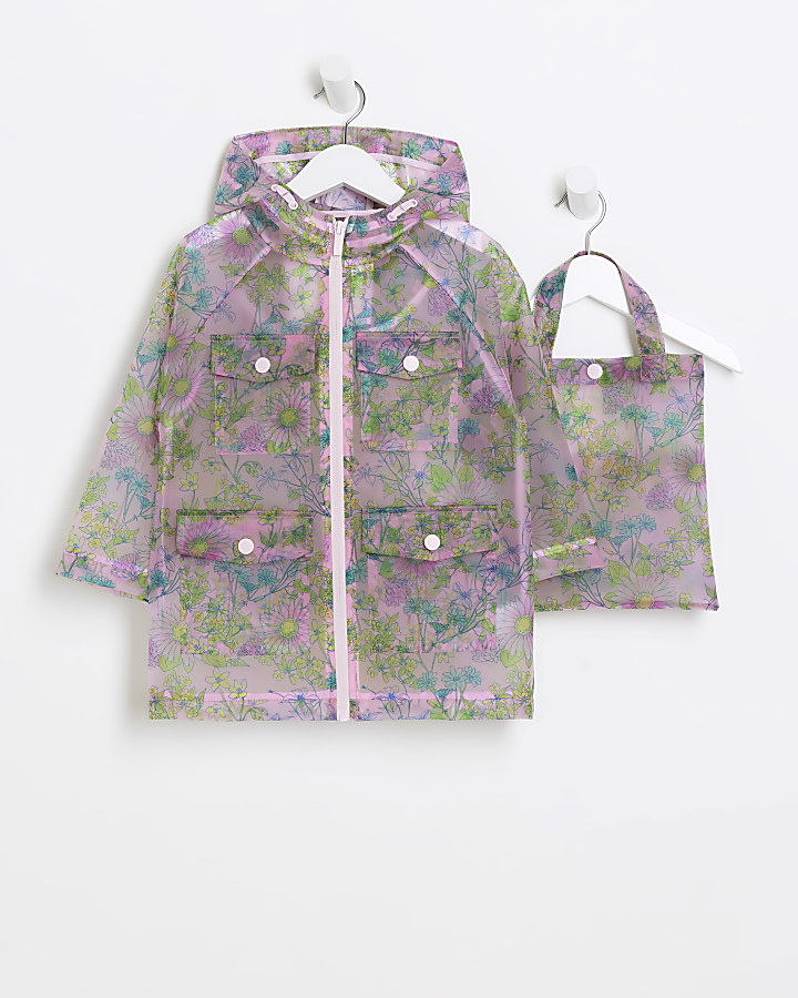 Mini girls pink floral rain coat and bag set