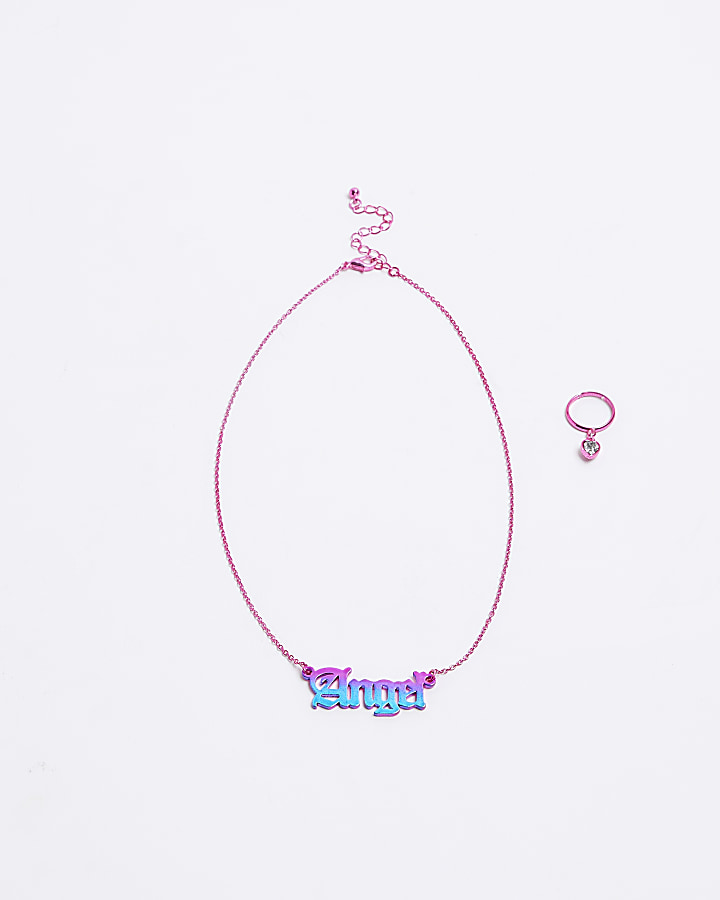 Girls pink angel necklace and ring set