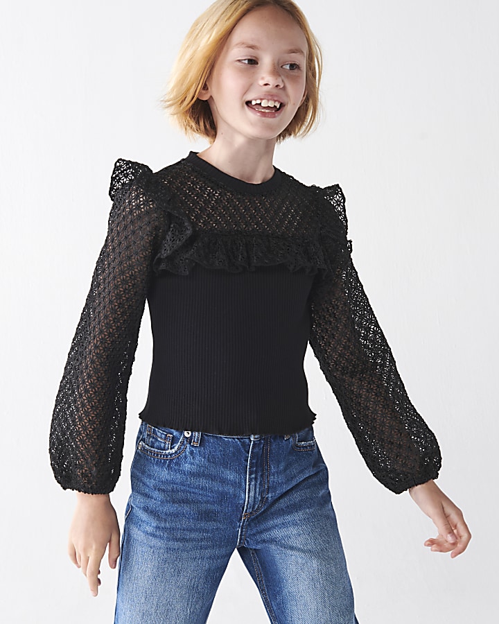 Girls black frill lace sleeve blouse