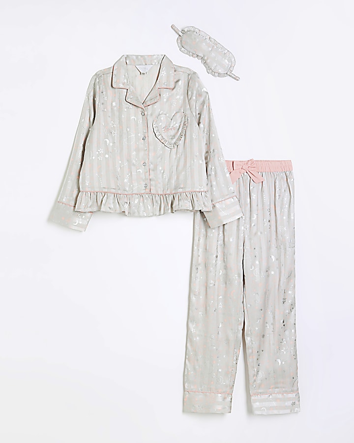 Girls grey satin star 3 piece pyjama set