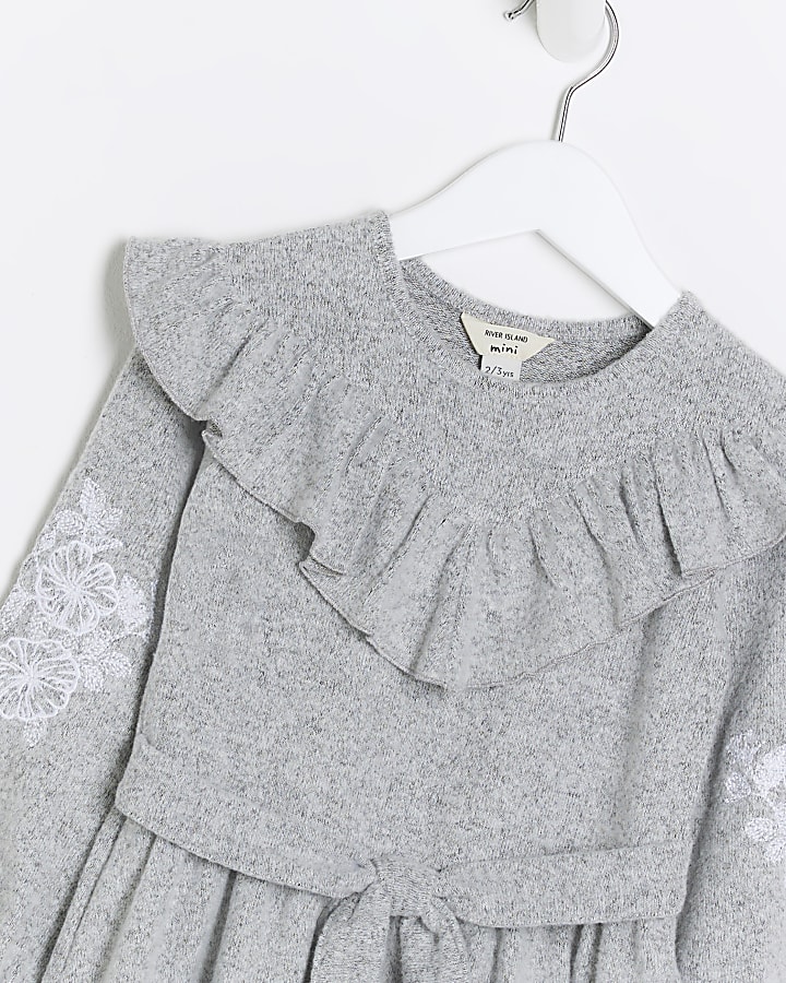 Mini girls grey long sleeve embroidered dress