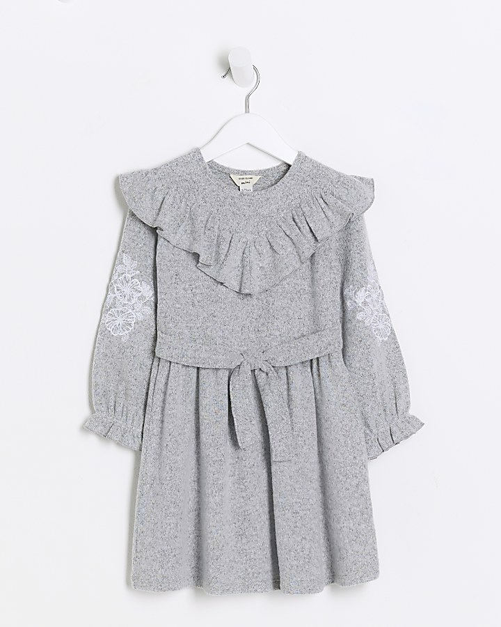 Mini girls grey long sleeve embroidered dress