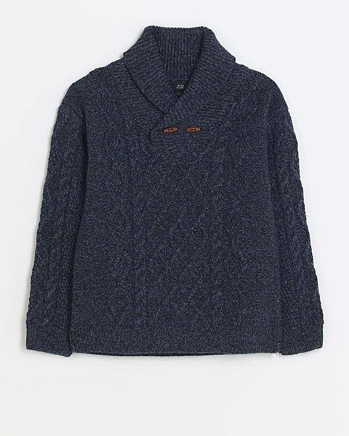 Boys navy cable knit shawl jumper