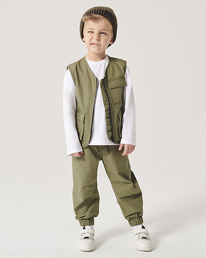 Mini boys khaki cargo zip up gilet set