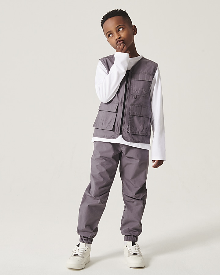 Boys grey utility zip up gilet set