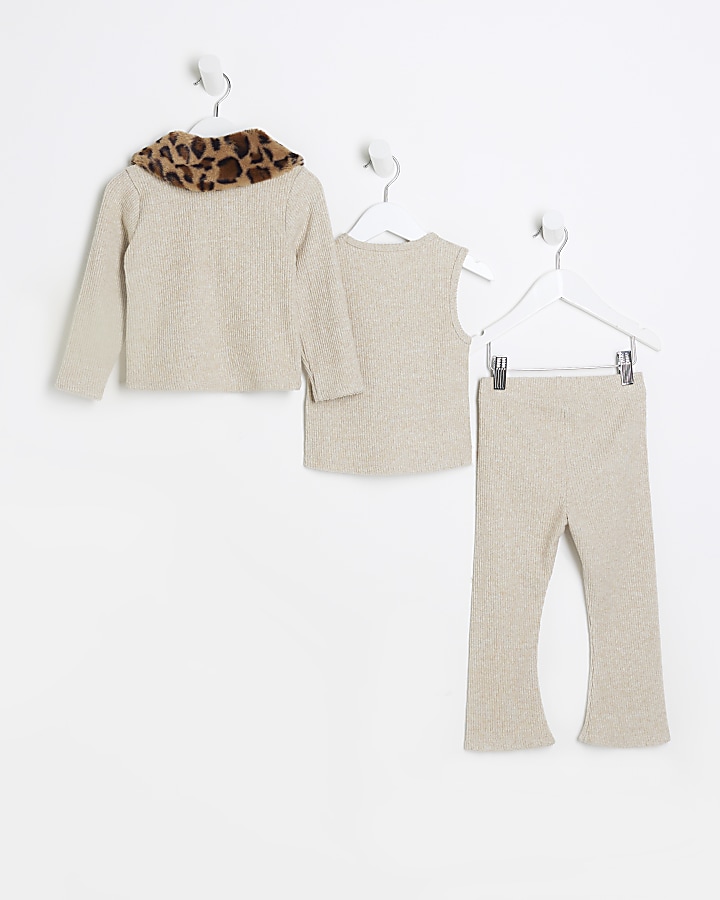 Mini girls beige leopard trim cardigan set | River Island