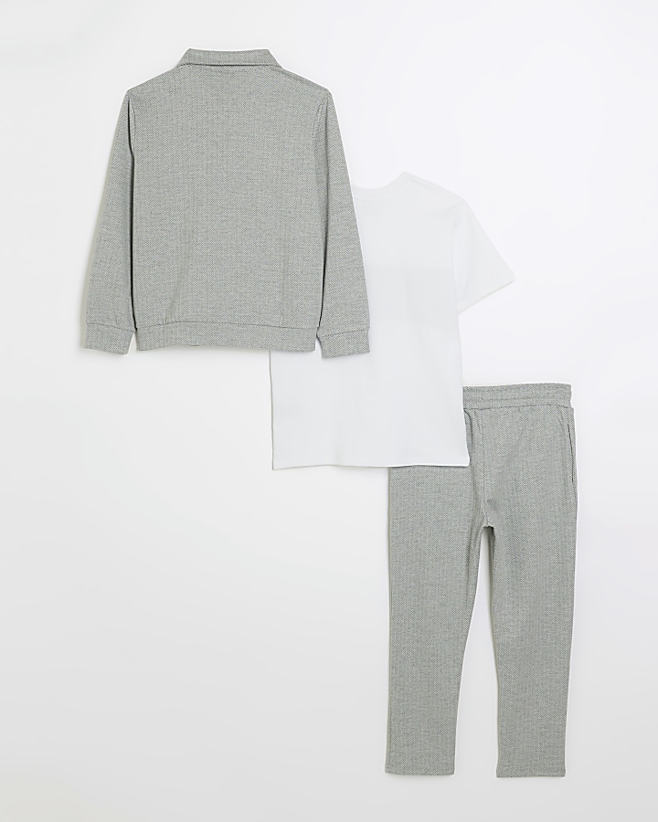 Boys grey herringbone zip up sweatshirt set River Island