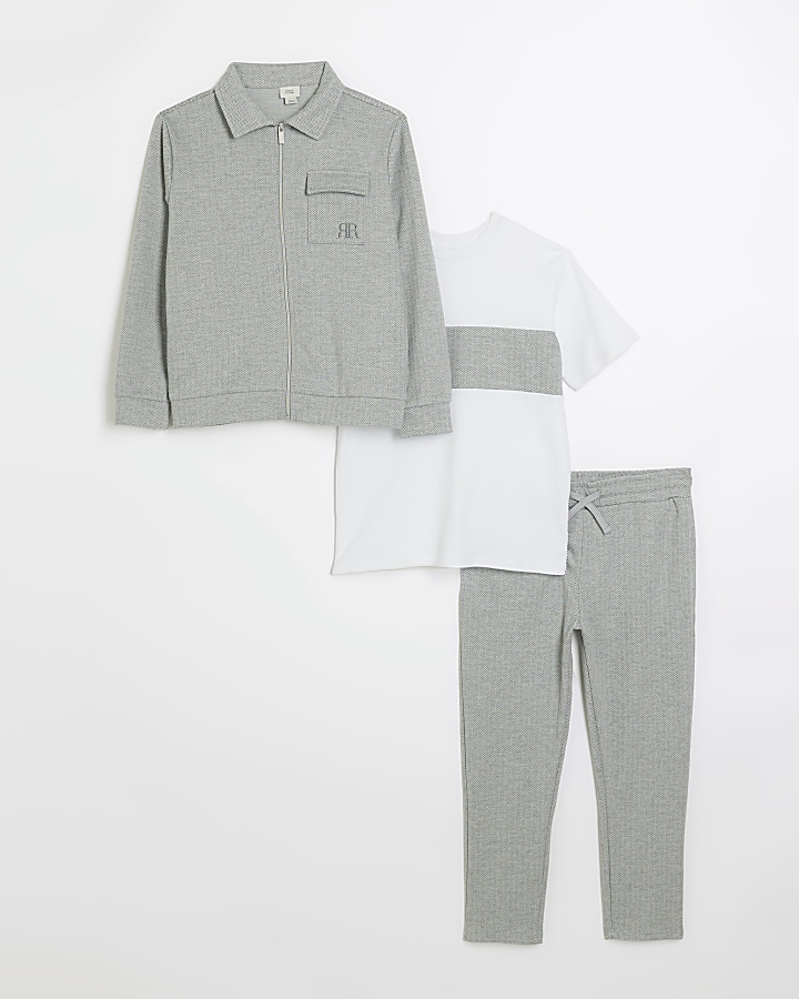 Boys grey herringbone zip up sweatshirt set