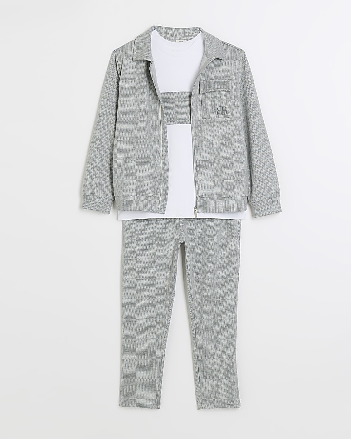 Boys grey herringbone zip up sweatshirt set River Island