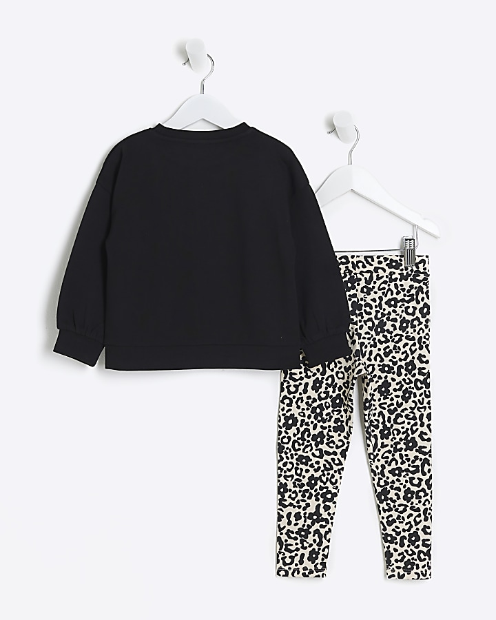 Mini girls black leopard leggings sweat set
