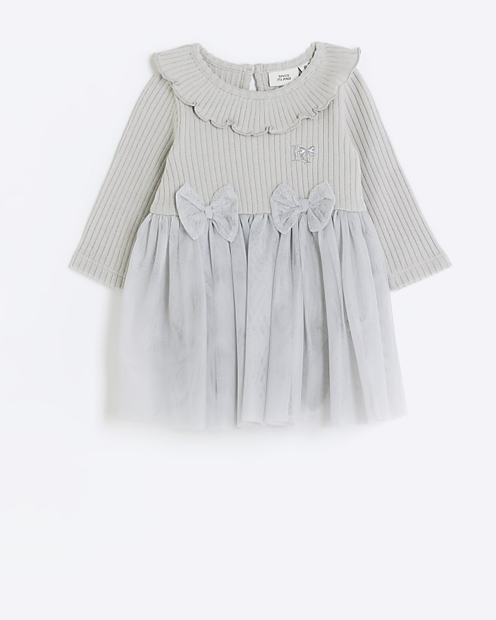 Baby girls grey mesh bow detail dress