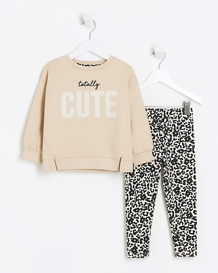 Mini girls beige leopard leggings sweat set River Island