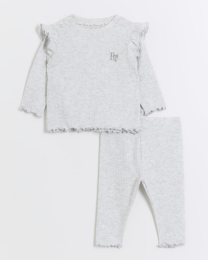 Baby girls grey frill rib long sleeve set