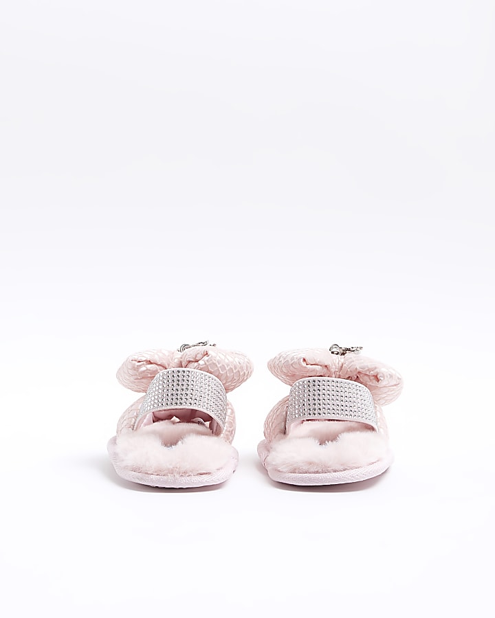 Mini girls pink diamante bow slippers