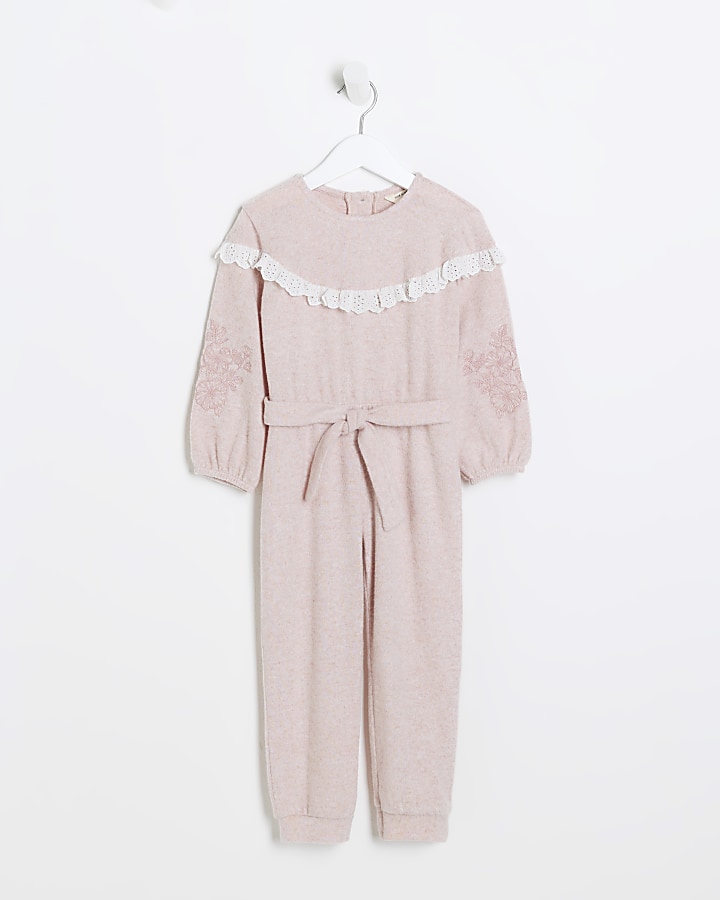 Mini Girls Pink Broderie Cosy Jumpsuit