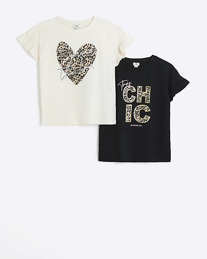 Girls black leopard print t-shirt 2 pack