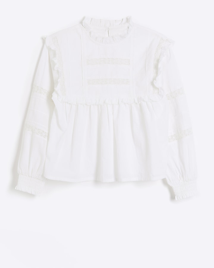 Girls white frill lace long sleeve blouse