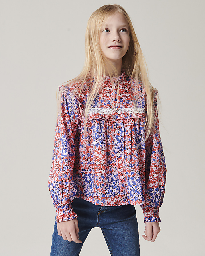 Girls Red floral lace blouse