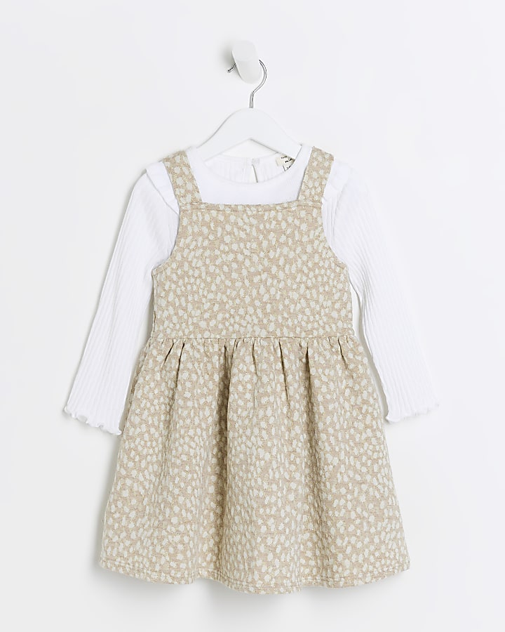 Mini girls beige animal print pinafore dress