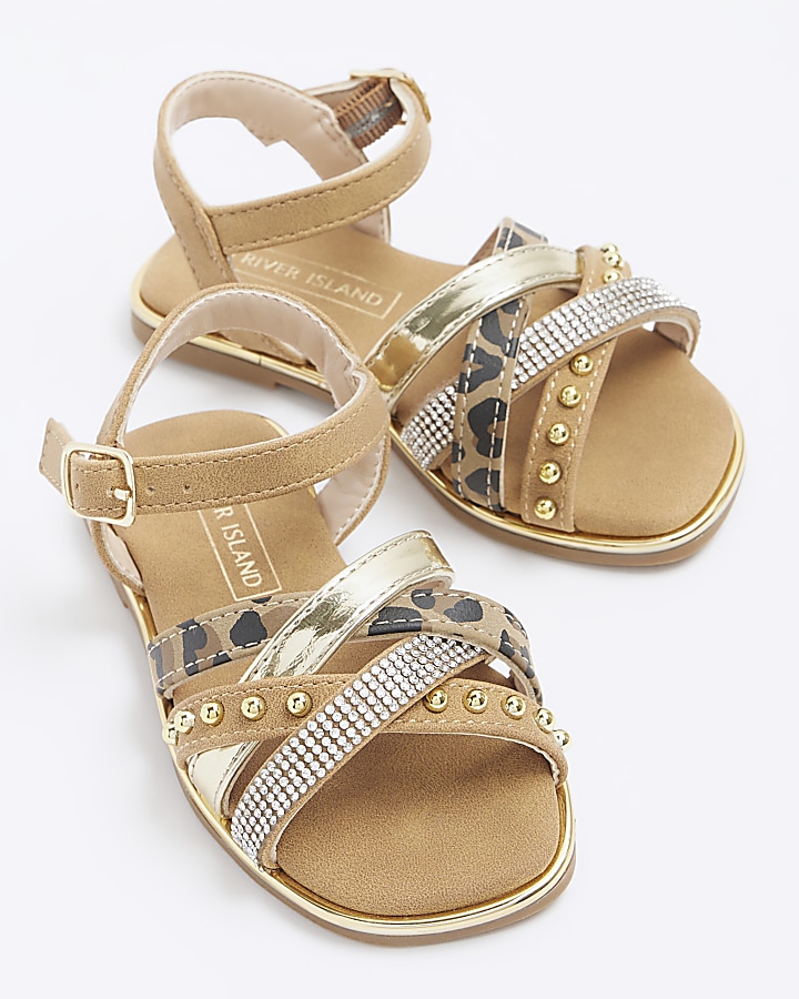 Mini girls brown embellished strap sandals