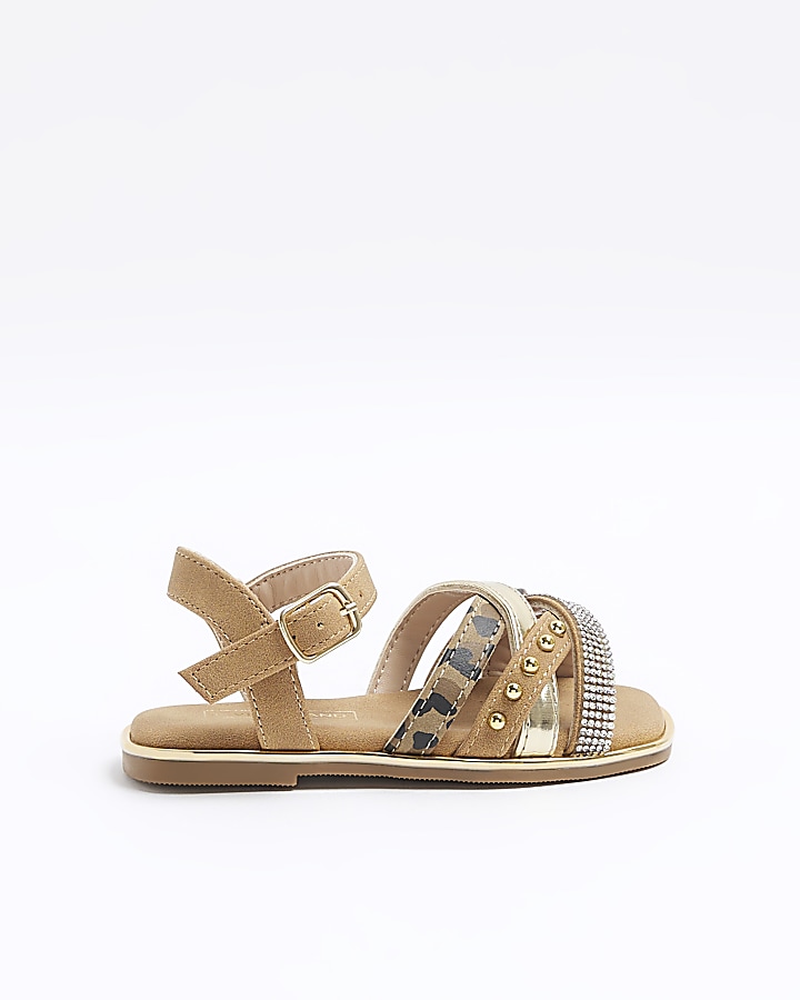 Mini girls brown embellished strap sandals