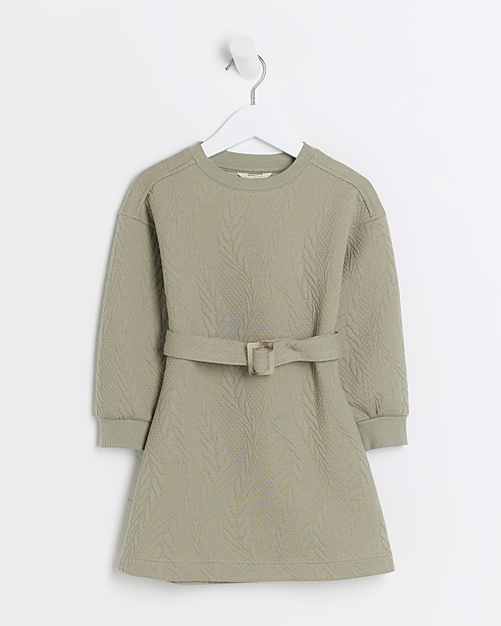 Mini girls khaki cable texture sweat dress