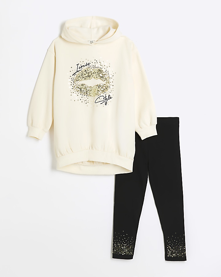 Girls cream embellished Lip Hoodie Set