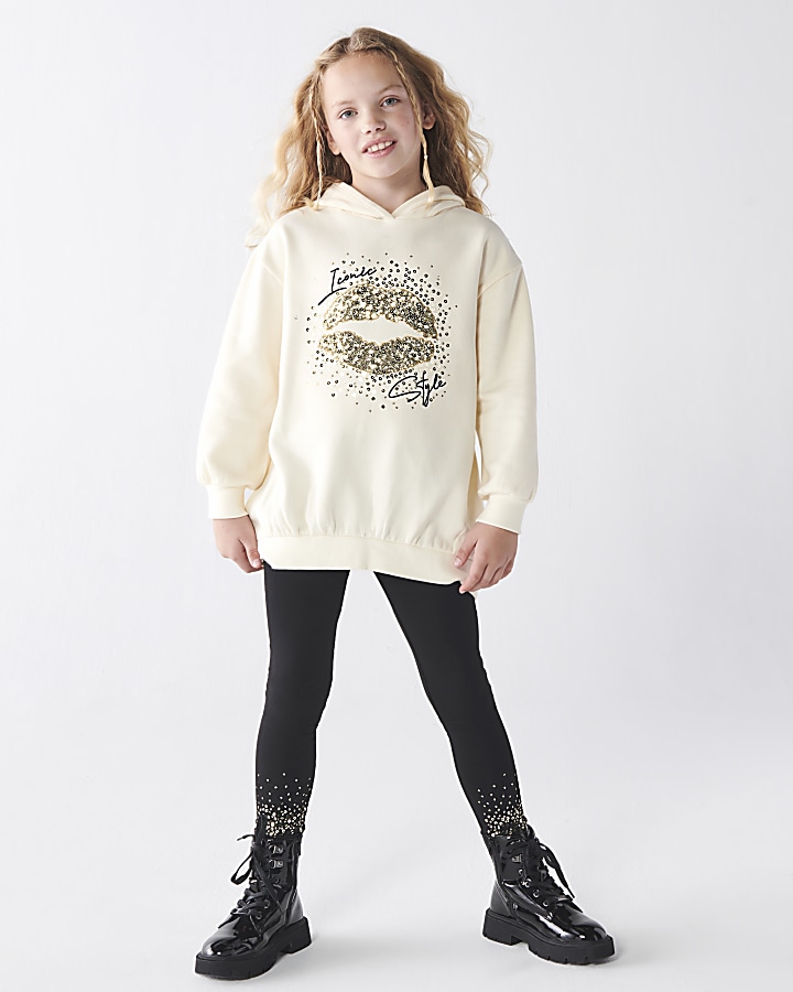 Girls cream embellished Lip Hoodie Set