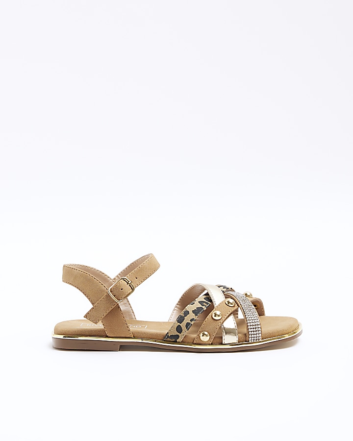 Girls tan embellished strap sandals