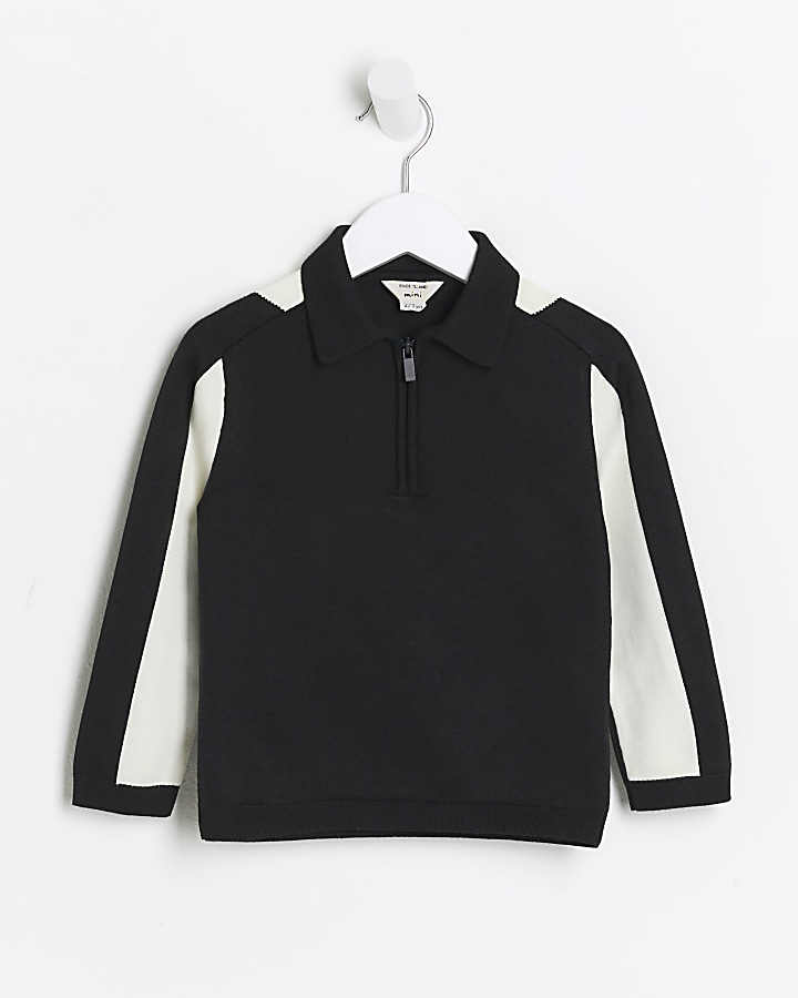 Mini boys black colour block zip polo top