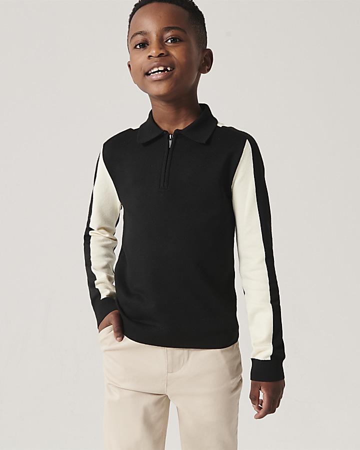 Boys black colour block half zip polo Top