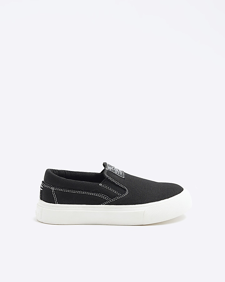 Boys black canvas slip on trainers