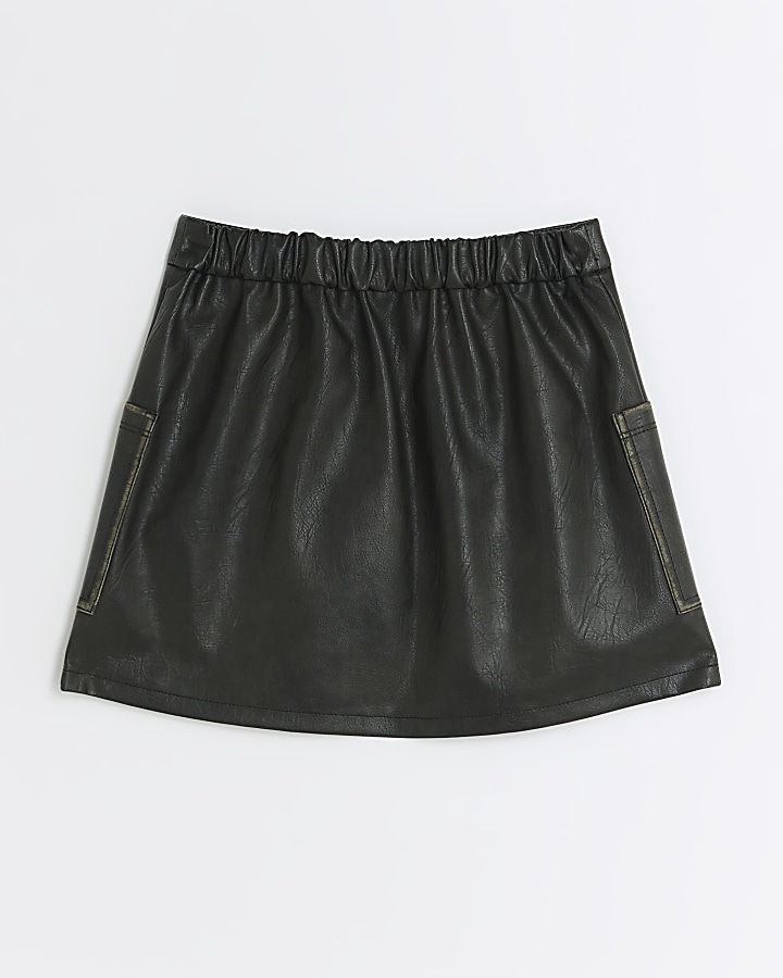Girls black faux leather biker kilt skirt | River Island