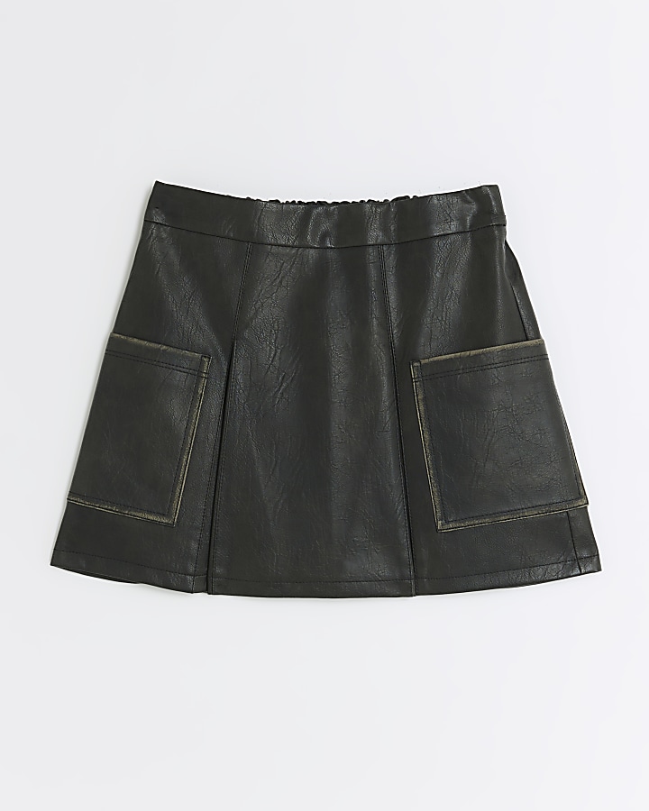 Girls black faux leather biker kilt skirt | River Island