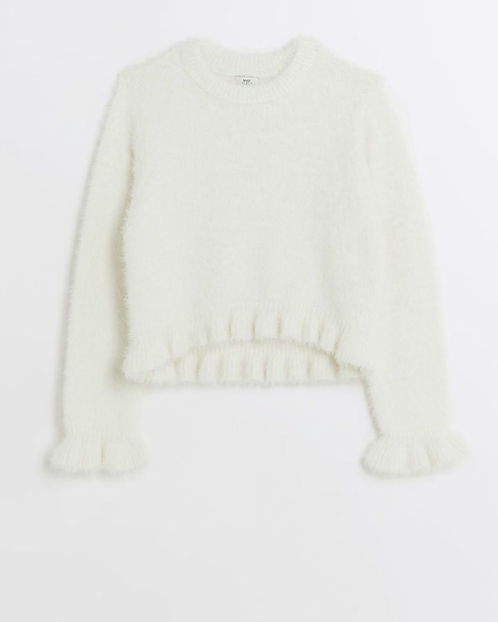 Girls white fluffy frill jumper | River Island