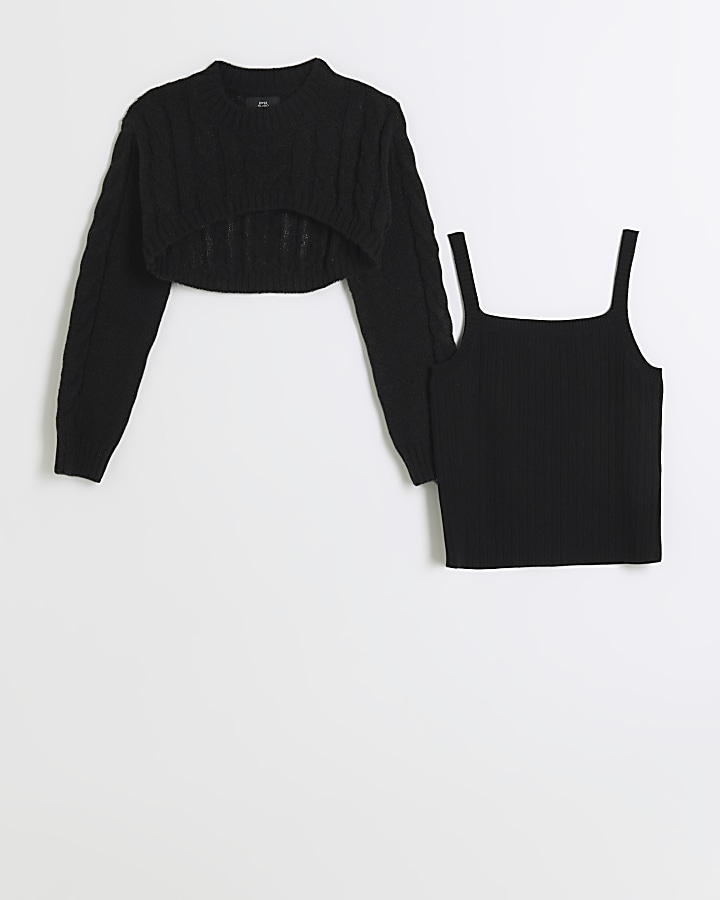 Girls black knitted crop jumper and vest set | River Island