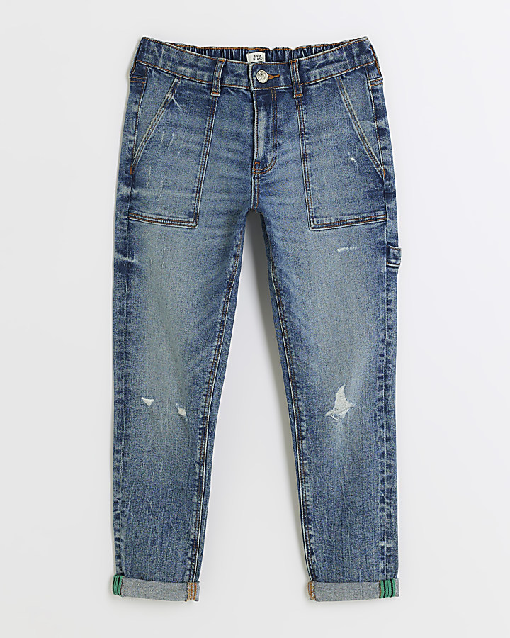 Boys blue ripped tapered jeans
