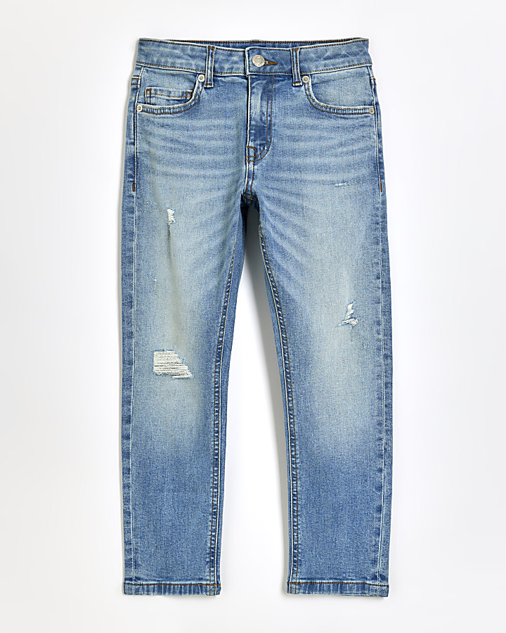 Boys blue ripped slim fit jeans