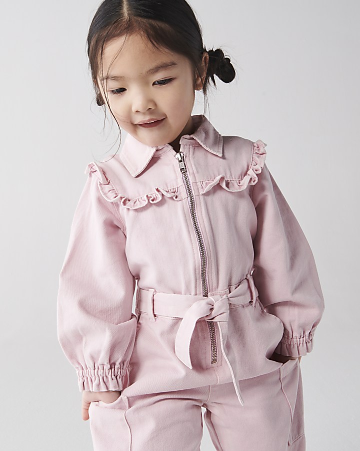 Mini girls pink frill belted jumpsuit