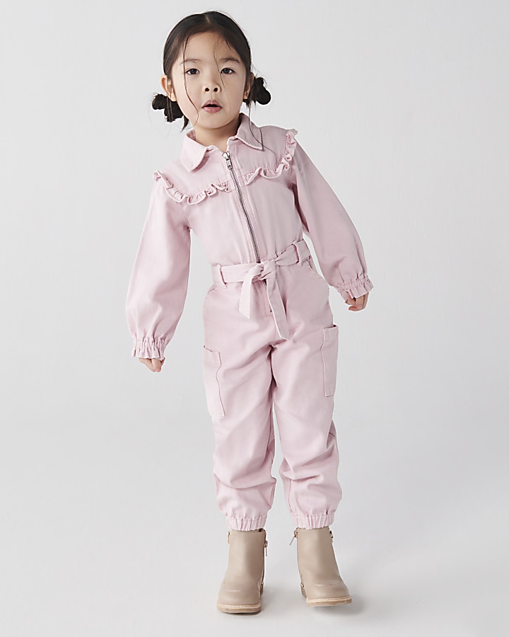 Mini girls pink frill belted jumpsuit