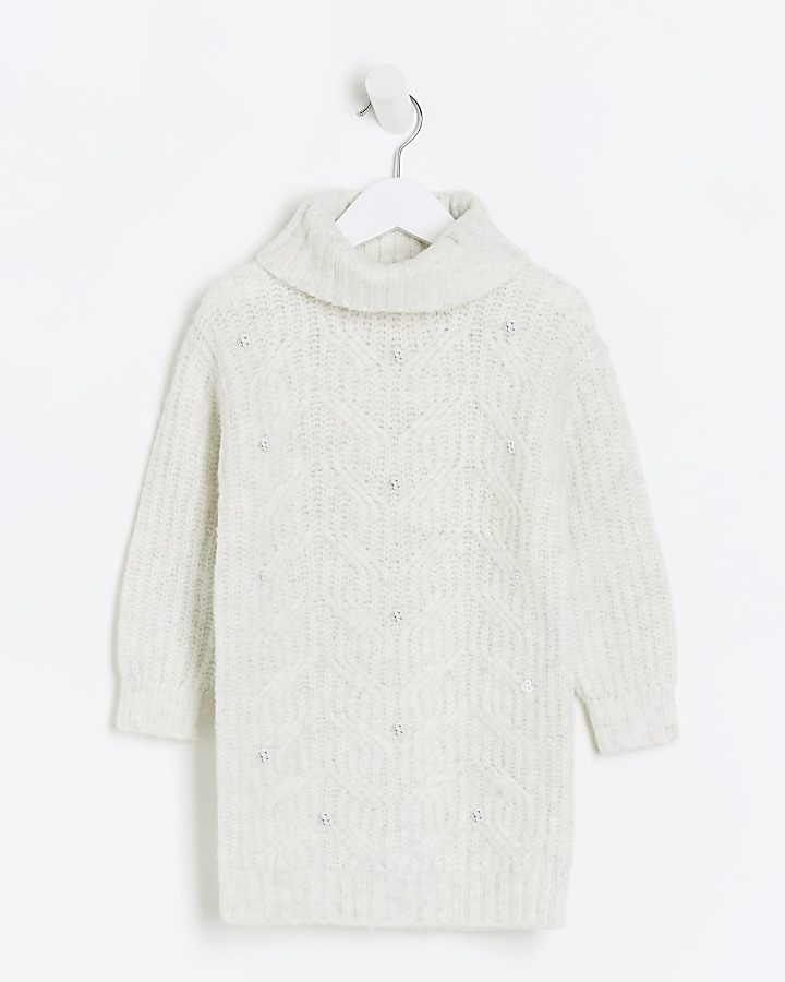 Mini girls grey embellished cable knit dress