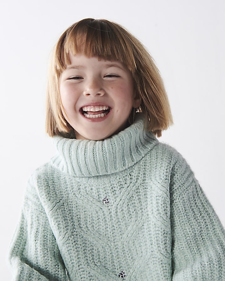 Mini girls green embellished cable knit dress