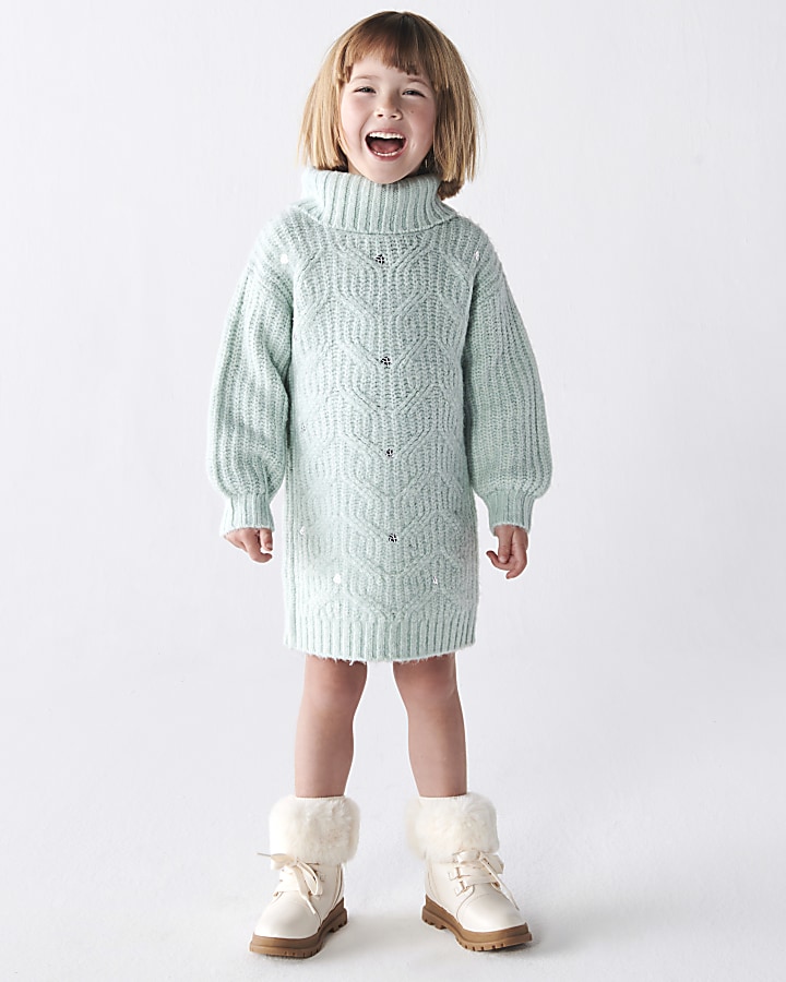 Mini girls green embellished cable knit dress