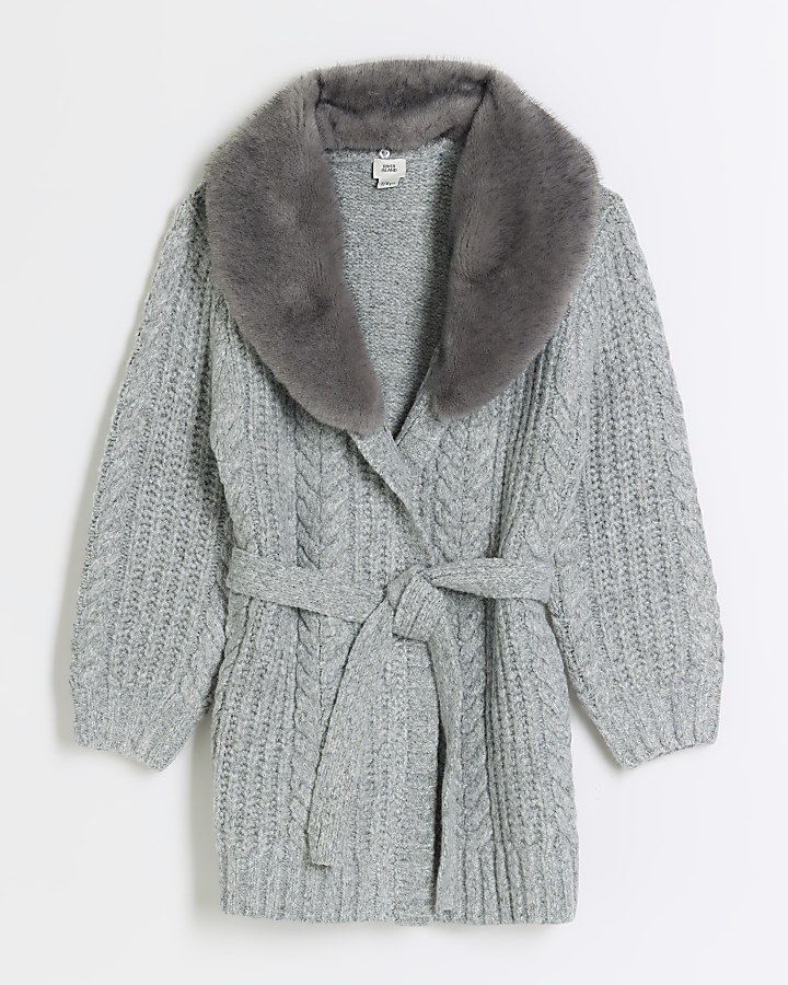 Girls grey faux fur cable knit cardigan