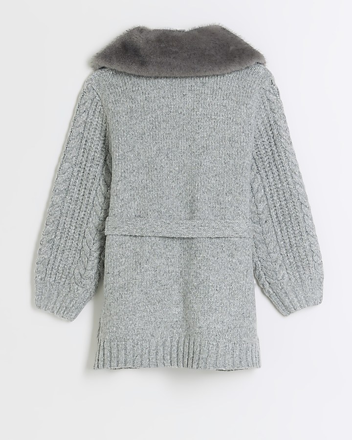Girls grey faux fur cable knit cardigan
