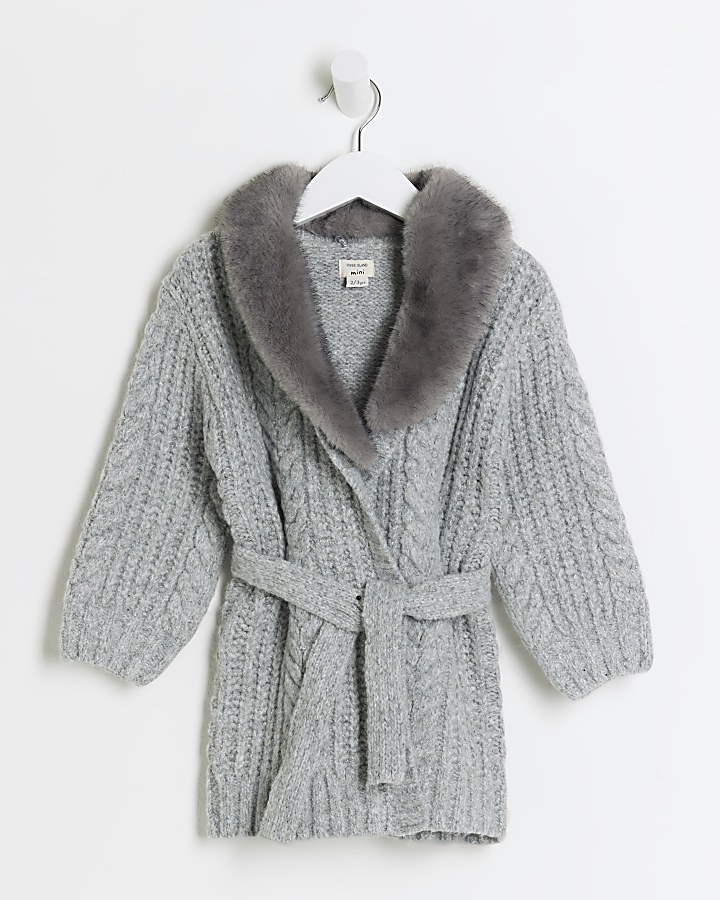 Mini girls grey faux fur cable knit cardigan River Island