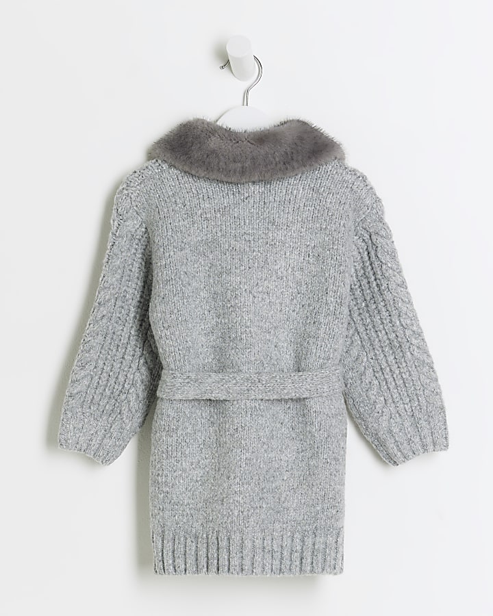 Mini girls grey faux fur cable knit cardigan